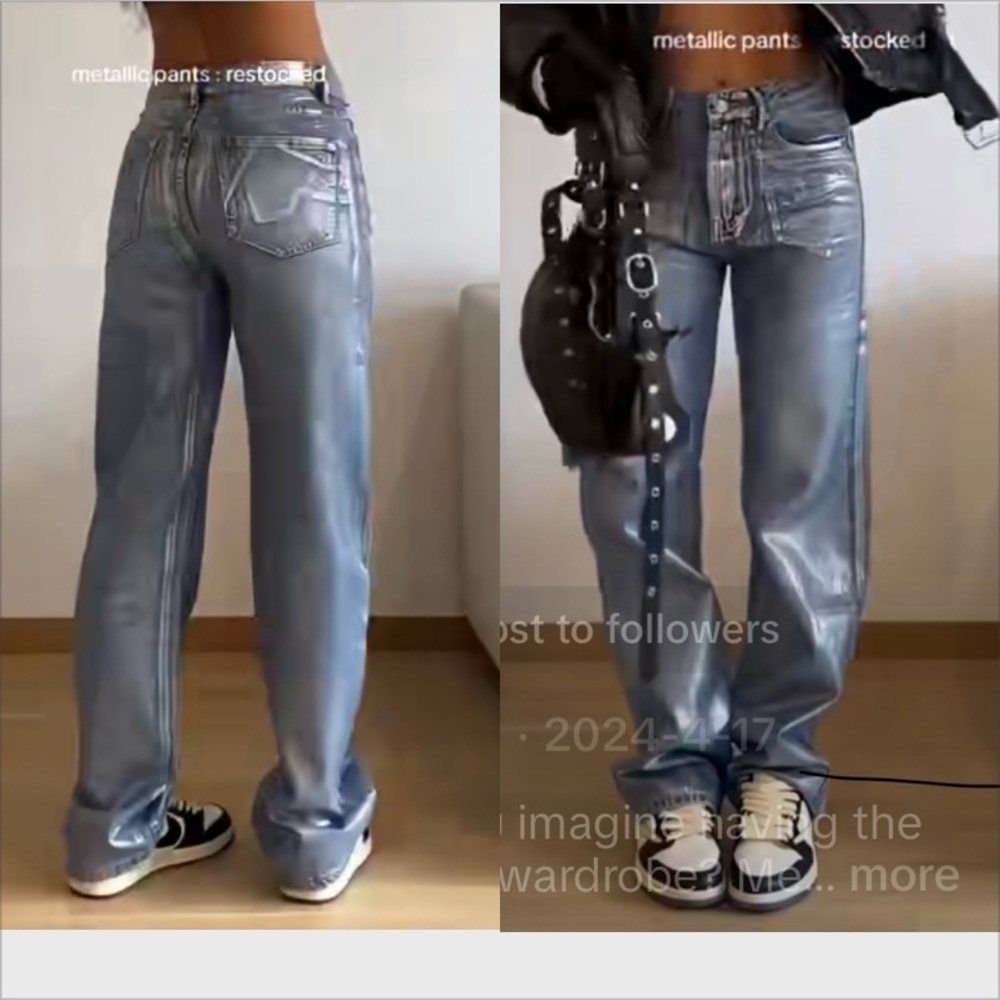 NWT Spiazzi Brazilian Designer Metallic Silver Blue Jeans Straight Leg Large 30